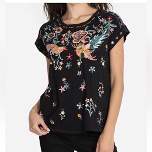 Johnny Was Soha Black Sequin Bird Floral Embroidered Cotton Short Sleeve Top XS